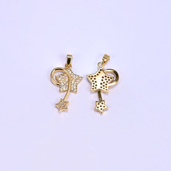 Gold wishing star zirconia charms shown from both sides, one pendant face up and one reversed to reveal the smooth back.