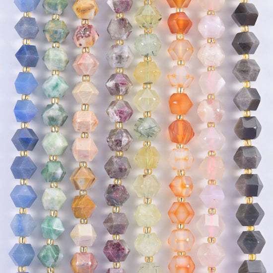 Faceted Diamond Cut Gemstone Beads, eight broad flat panels cut around each 10mm bead.