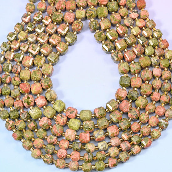 Unakite Faceted Cube Beads, 1.2mm hole