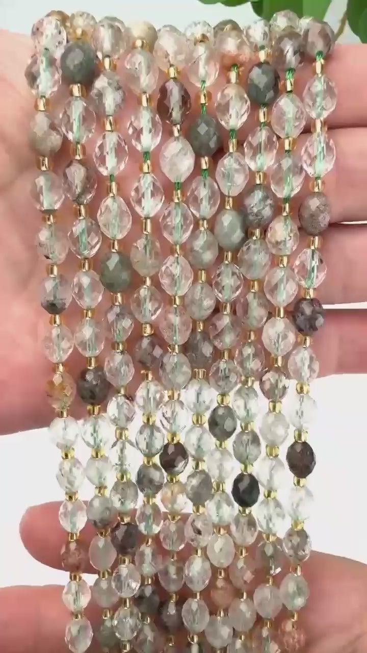 Green Phantom Quartz Faceted Rice Barrel Beads, approximately 39 beads per strand
