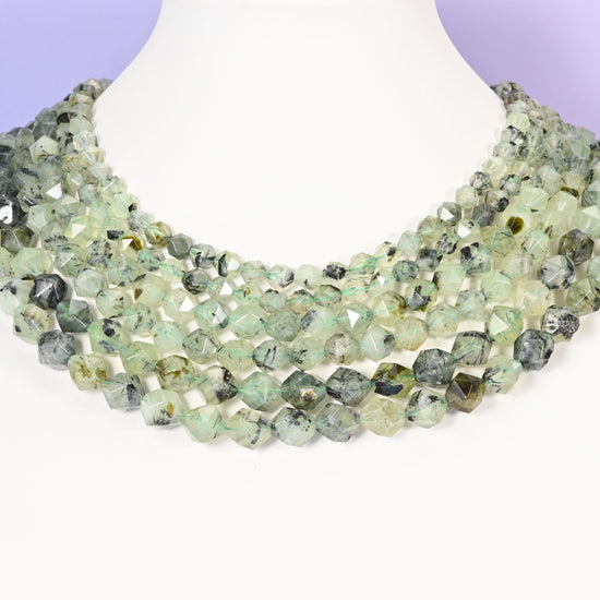 Green Prehnite beads, diamond star cut, 6mm to 10mm