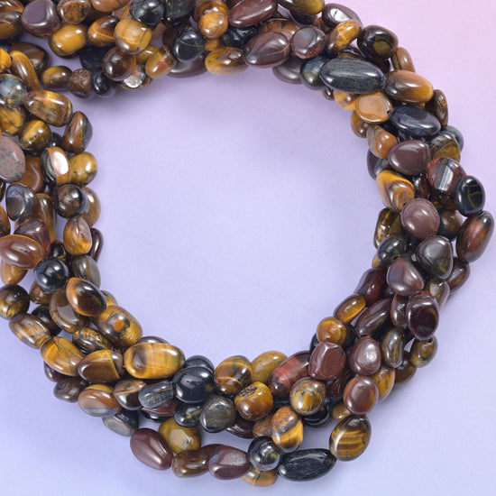 Tricolor Tiger Eye Pebble Nugget Beads, tumbled softly rounded nuggets in honey gold, oxblood red-brown and slate grey