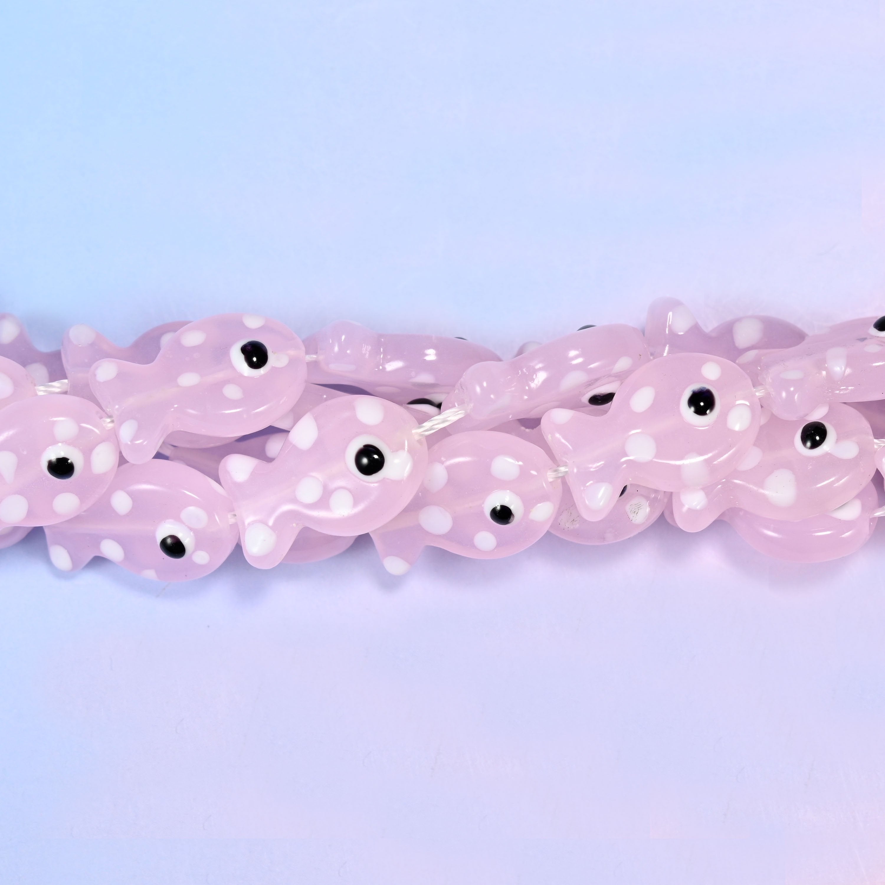 Transparent Pink with White Dot Fish Glass Beads, milky blush pink lampwork fish with a faint lilac cast