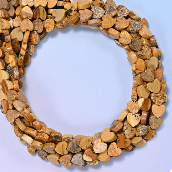 Picture Jasper Flat Heart Beads: Size 6mm, Jewelry Making, 15 Inch Strand