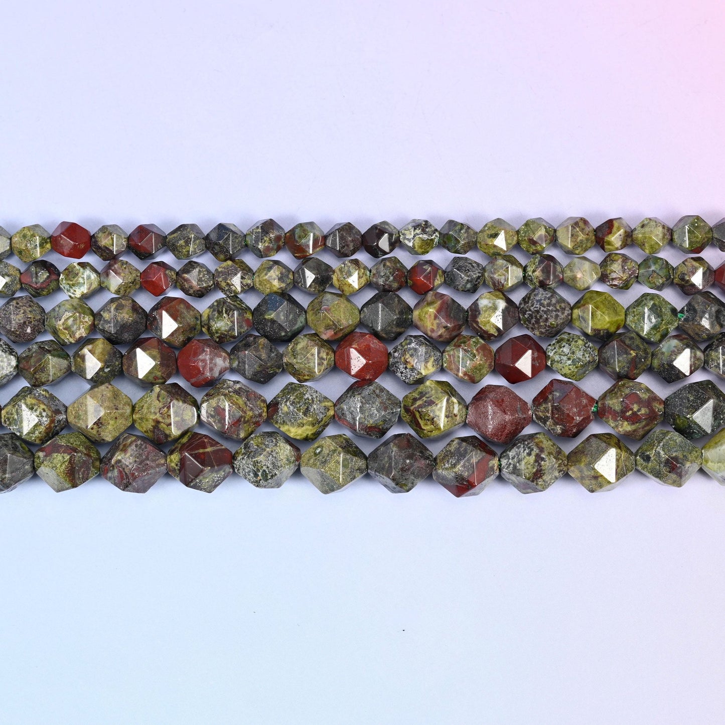 Dragon Bloodstone Faceted Diamond Star Cut Beads in mossy olive and khaki green with brick-red and rust patches