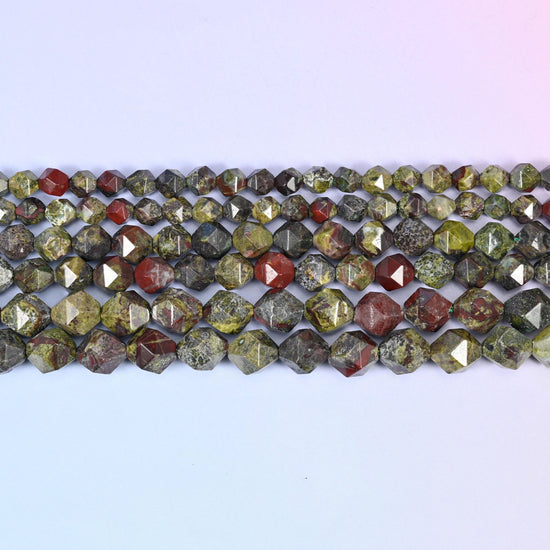 Dragon Bloodstone Faceted Diamond Star Cut Beads in mossy olive and khaki green with brick-red and rust patches