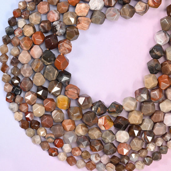 Petrified Wood Faceted Diamond Star Cut Beads, sold per 15.5 inch strand