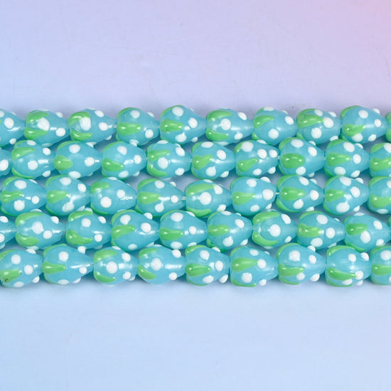 Blue White Dots Strawberry Glass Beads 15.5x12mm, 12 inch strand