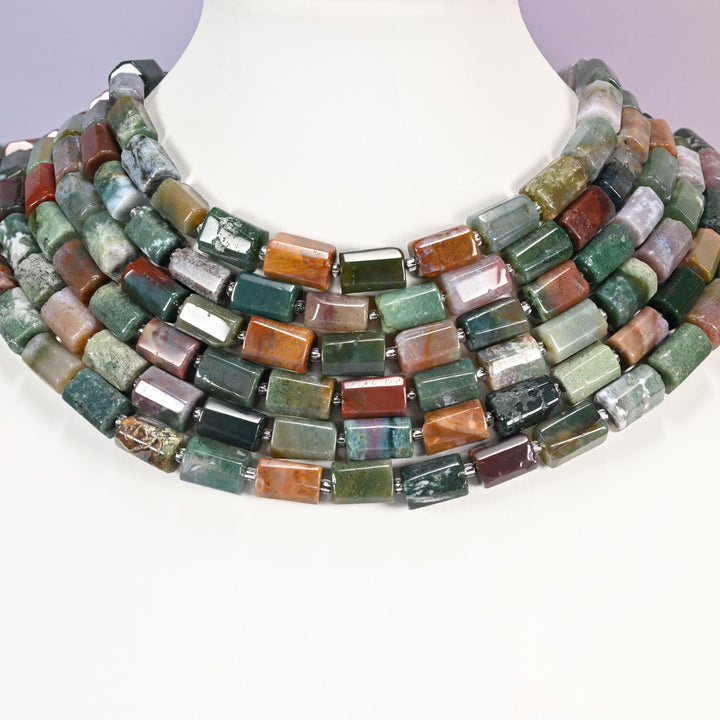 Indian Agate faceted tube beads in moss green, brick red, olive and cream.