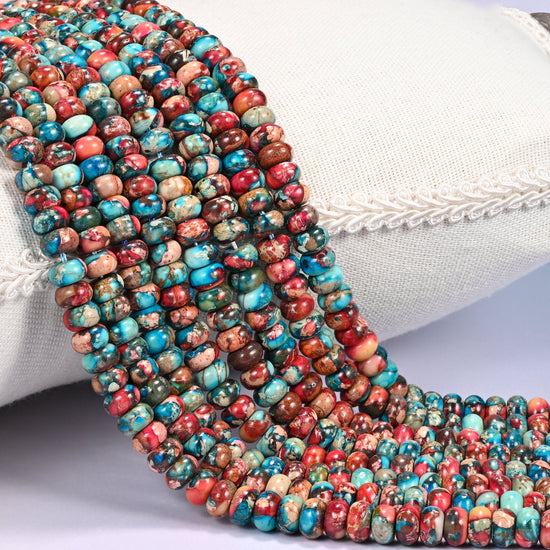 Red Dyed Sea Sediment Jasper Rondelle Beads, dyed and colour-enhanced.