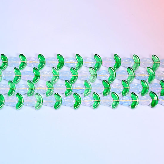 White and opal-toned Tulip Flower Glass Beads paired with green leaf-shaped glass beads.