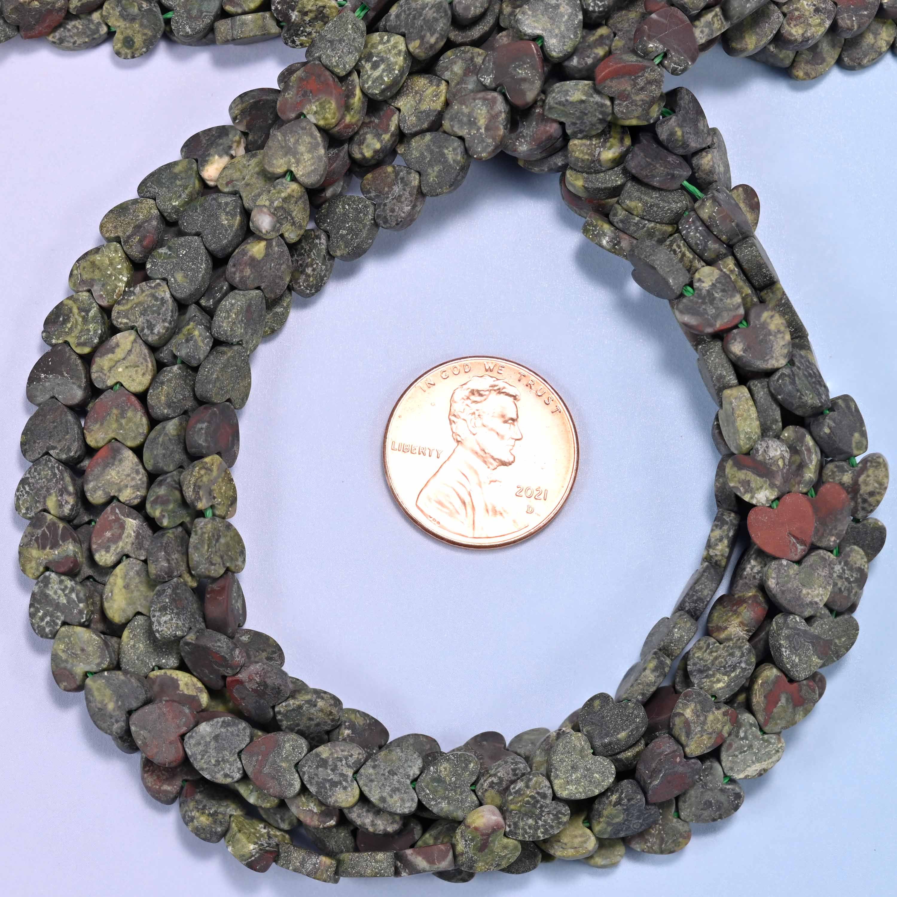 Matte Dragon Bloodstone Flat Heart Beads: Size 6mm, Jewelry Making, 15 Inch Strand