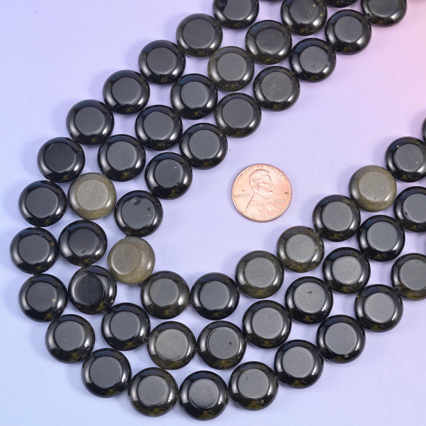 Gold Obsidian smooth coin beads, 15 inch strand