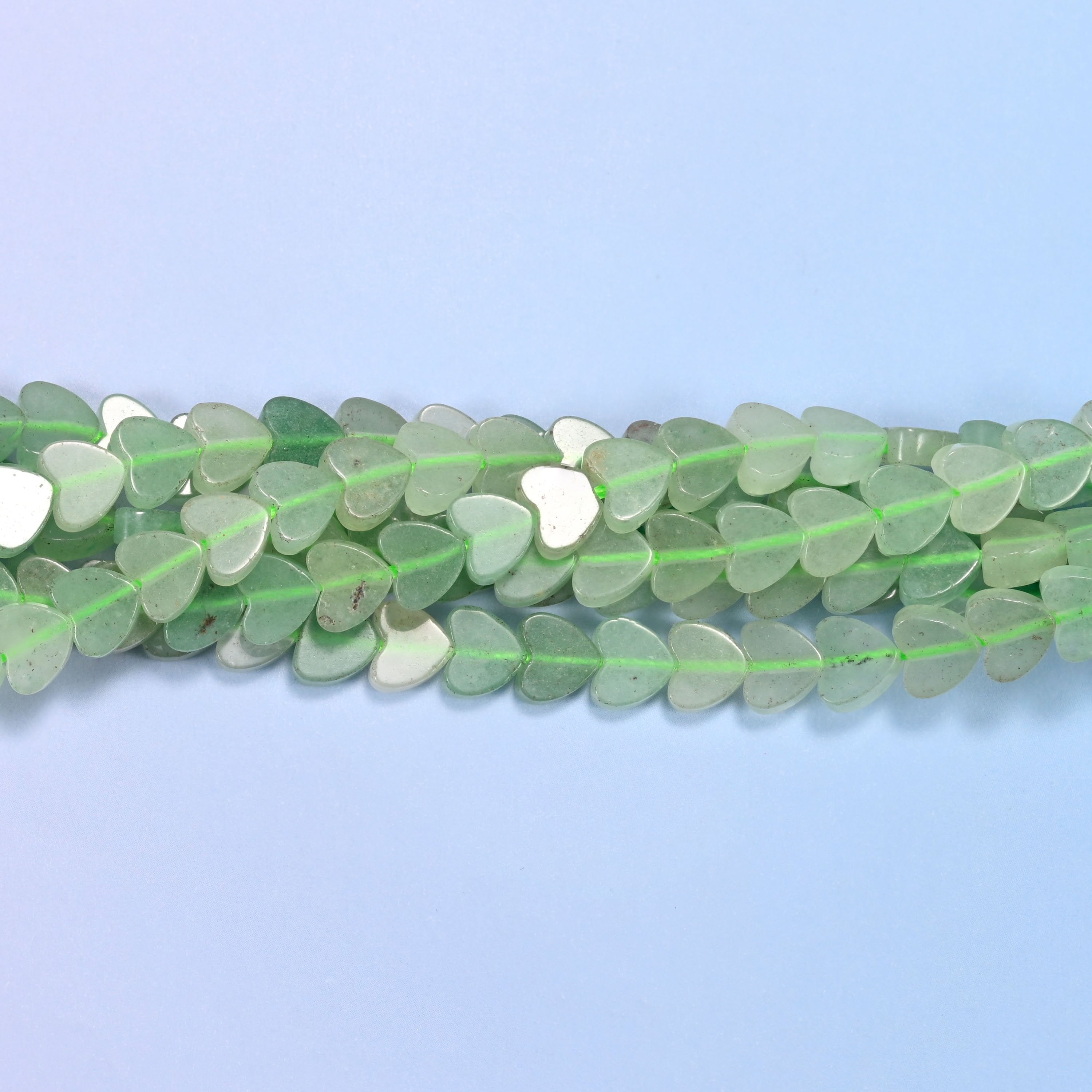 Green Aventurine Flat Heart Beads, pale mint and celadon hearts, semi-translucent and polished smooth