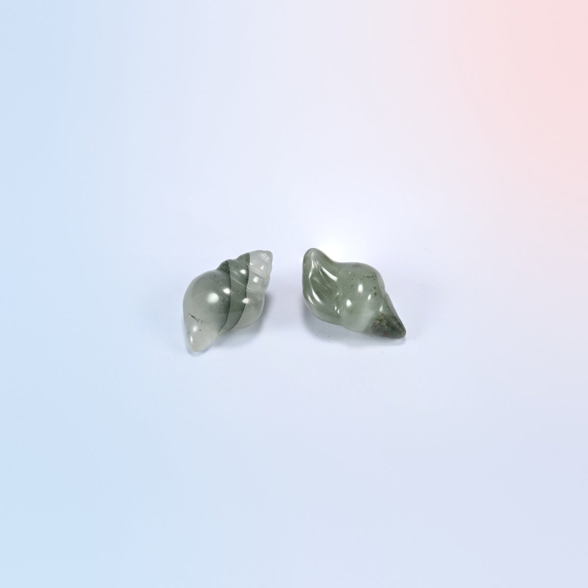 Two natural African bloodstone conch shell crystal carvings, 1.5 inch, gray-green
