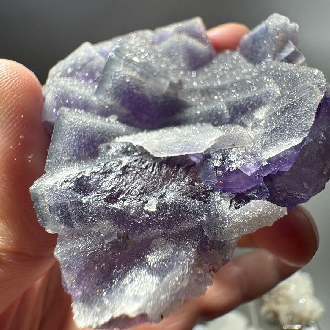 Angled view of the specimen with a darker purple pocket set among pale frosted cubes