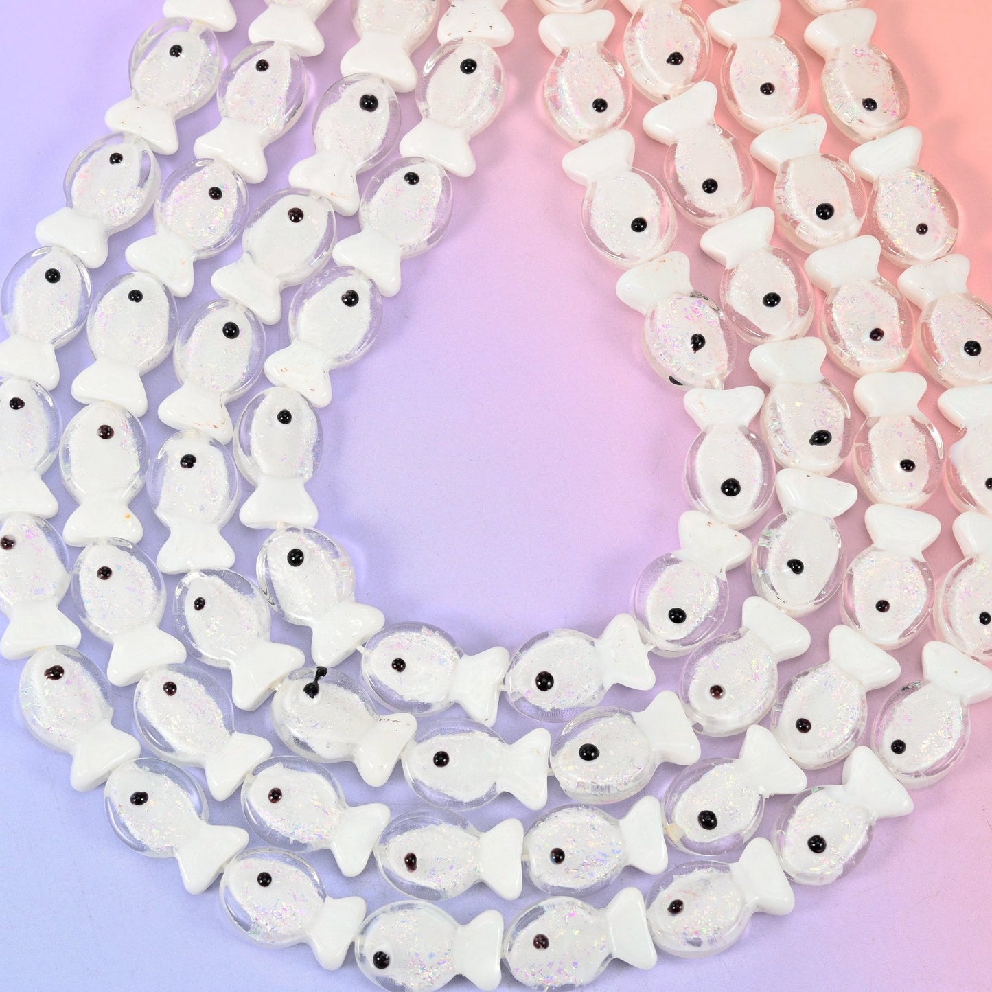 Iridescent White Fish Glass Beads, hole 1.2mm