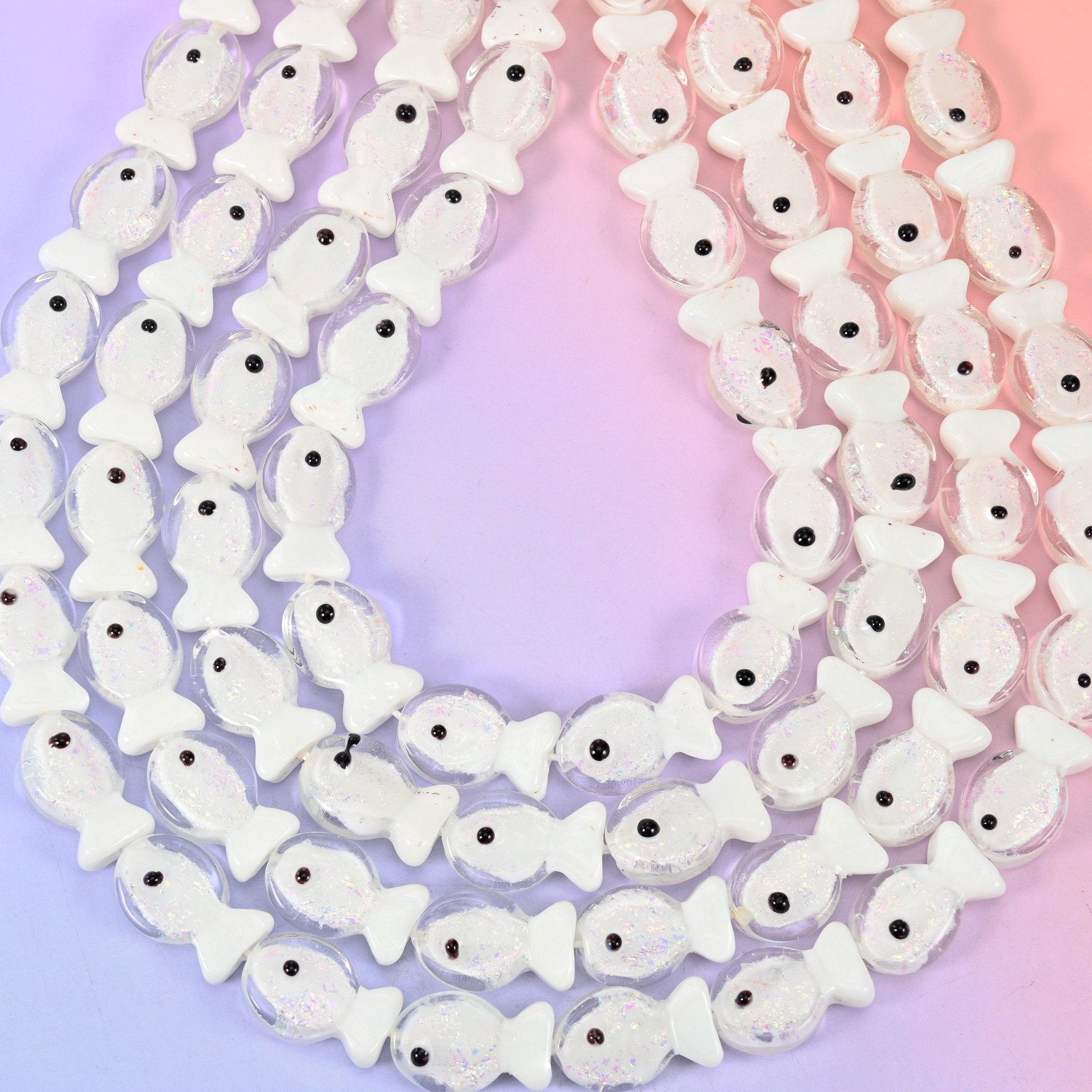 Iridescent White Fish Glass Beads, hole 1.2mm