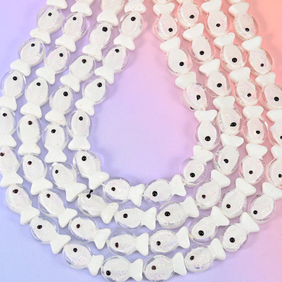 Iridescent White Fish Glass Beads, hole 1.2mm