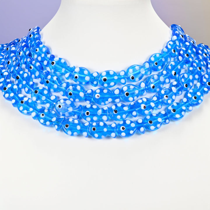 Fish glass beads, transparent blue with white dots, 19x12mm