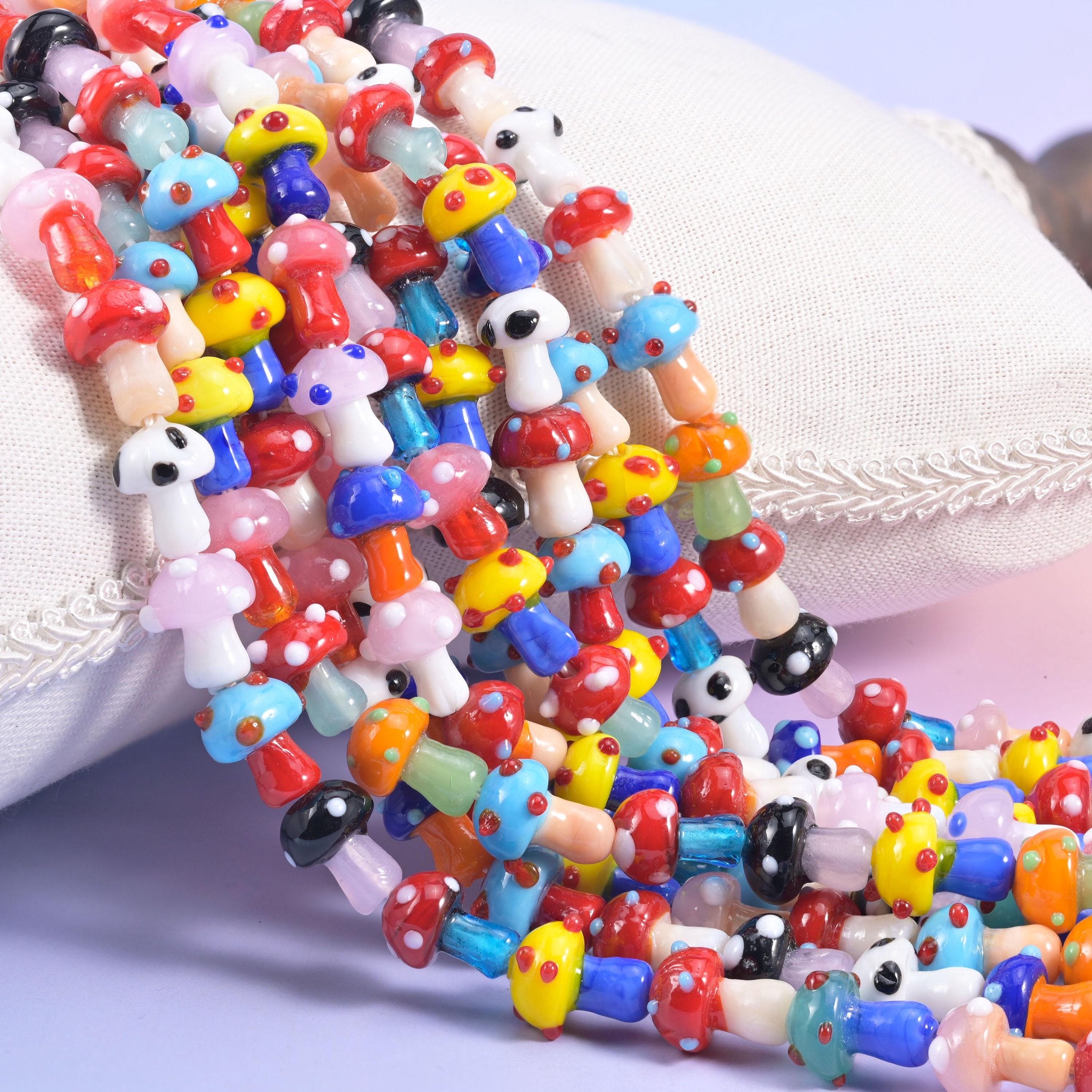Multi-Color Dotted Mushroom Glass Beads with glossy caps in red, black, yellow, cobalt, orange and turquoise