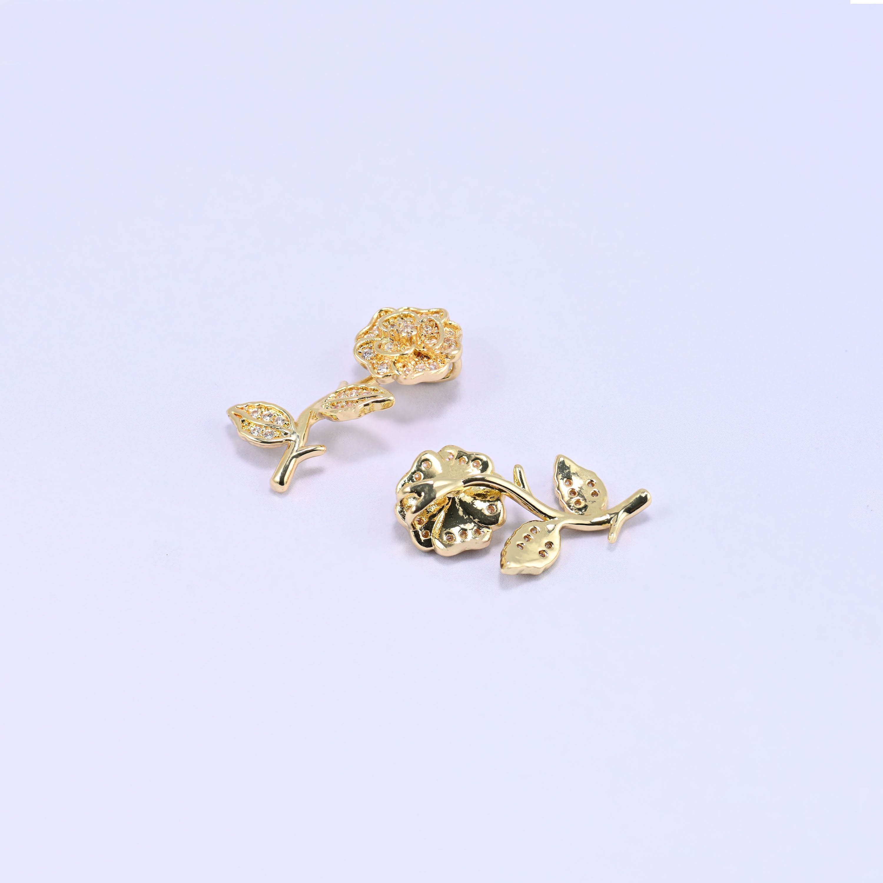 18K Gold Plated Brass Rose Charm Pendant with sculpted flower and leaf design, clear zircon pave