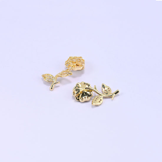 18K Gold Plated Brass Rose Charm Pendant with sculpted flower and leaf design, clear zircon pave