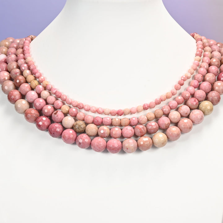 Pink rhodonite beads, faceted round, 4mm to 10mm