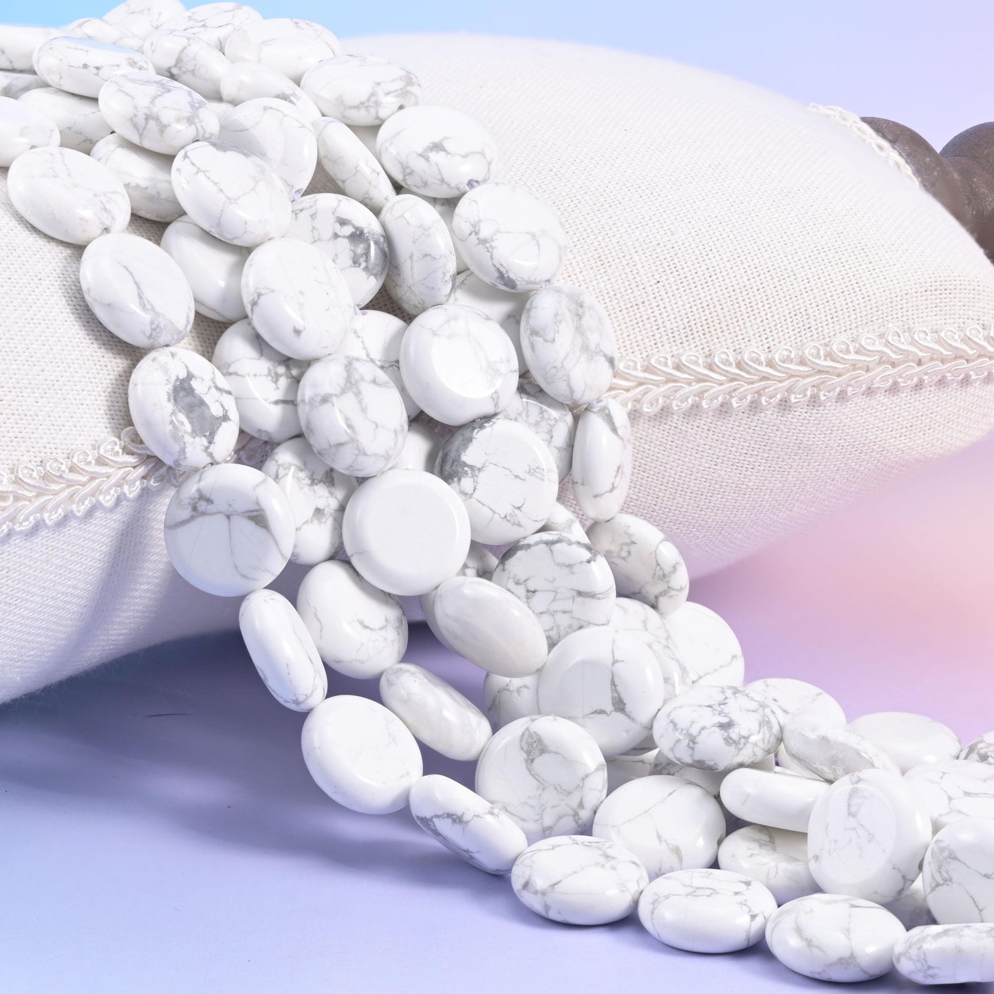 Natural White Howlite smooth coin beads in bright chalk white crossed by fine grey webbing