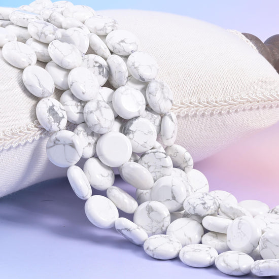 Natural White Howlite smooth coin beads in bright chalk white crossed by fine grey webbing