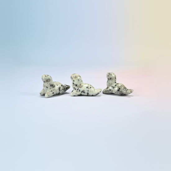 Three kiwi jasper sea lion crystal carvings, 1.5 inch, cream natural stone with black spots