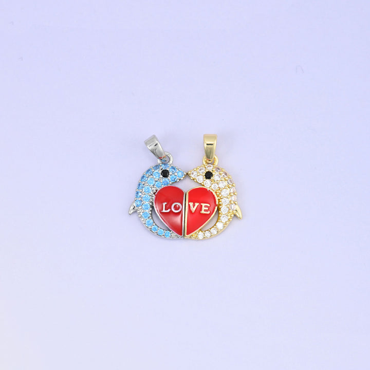 Magnetic Enamel Dolphin Love Zircon Pendants: 18K Gold Plated, Jewelry Making Supply