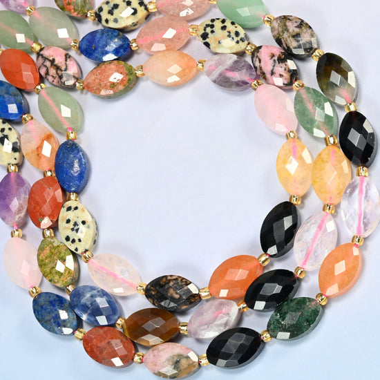 Assorted gemstone faceted flat oval beads curved into an open loop, assorted stones in many colors