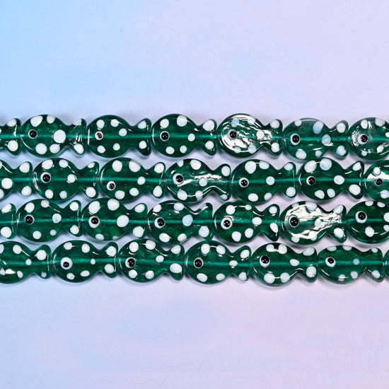 Transparent Jungle Green with White Dot Fish Glass Beads: Jewelry Making Supply