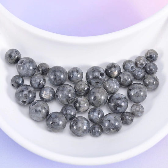 Larvikite Labradorite Large Hole Round Beads 6mm 8mm 10mm in charcoal and silver-grey with pale feldspar flecks