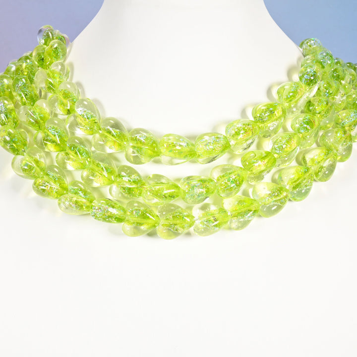 Lime green iridescent glass heart beads, 16x15mm