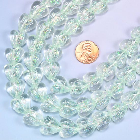 Iridescent Light Green Heart Glass Beads, 16x15mm, 24pc Strand