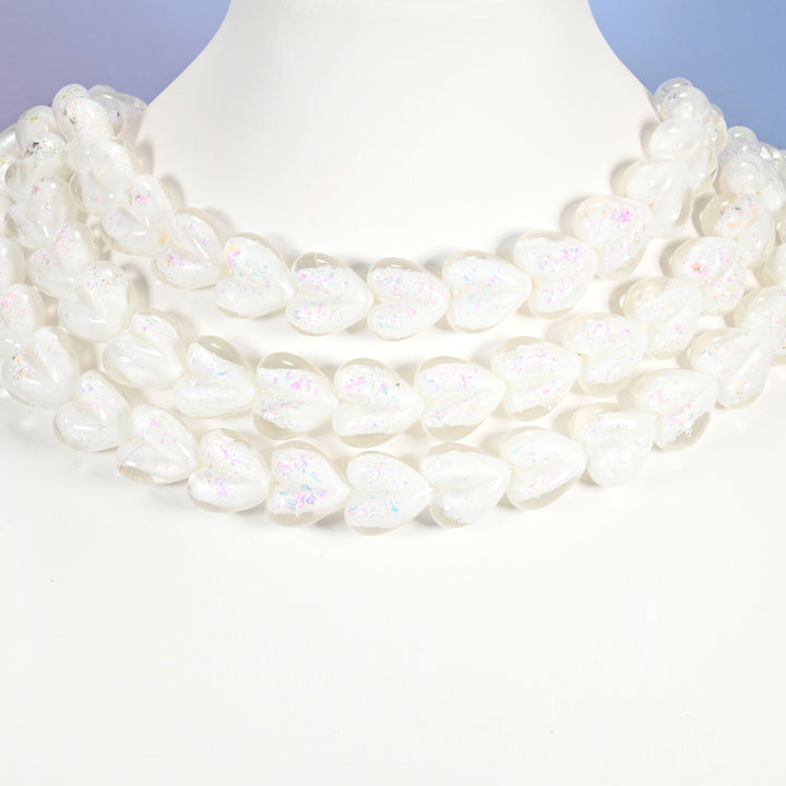 Iridescent White Heart Glass Beads, 16x15mm, 24pc Strand