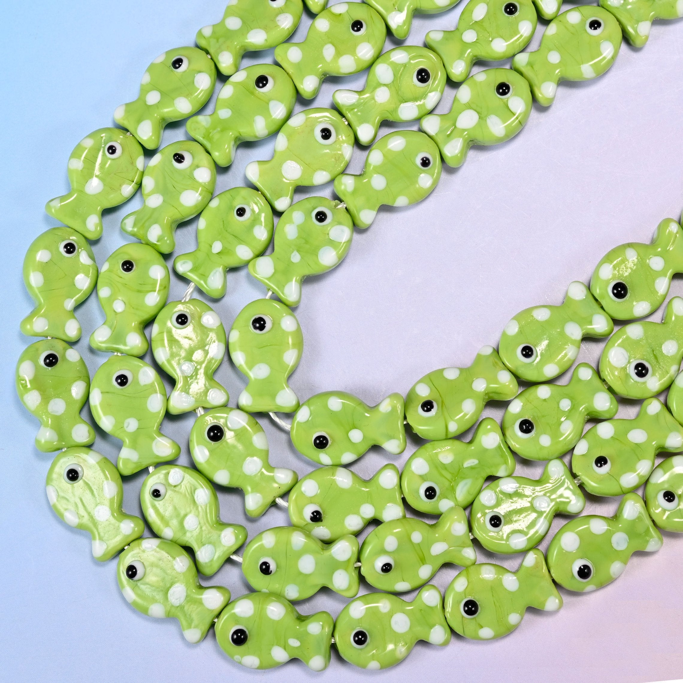 Lime Green with White Dot Fish Glass Beads, 15.5 inch strand