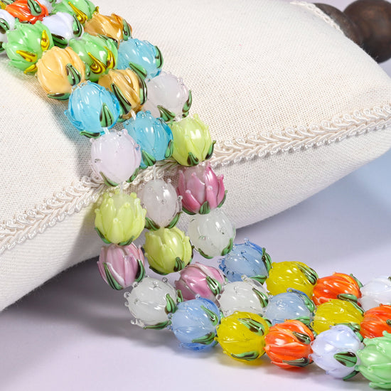 Tulip Flower Bud Lampwork Glass Beads, 14x14mm, assorted colors.