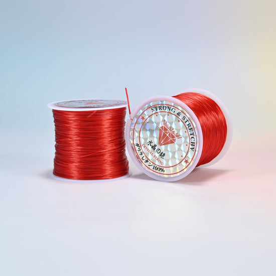 Two rolls of red 0.7-0.8mm elastic stretch string, glossy polyurethane bead cord with a holographic label