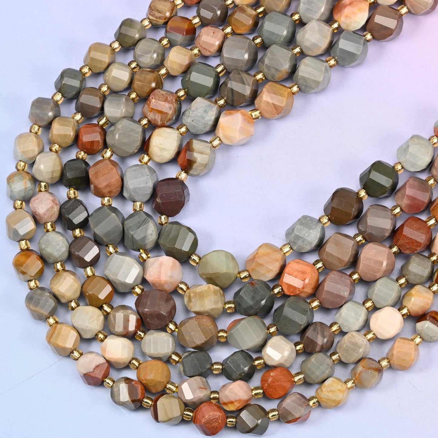 American Picture Jasper Faceted Spiral Twist Beads 8mm 10mm, 15 inch strand