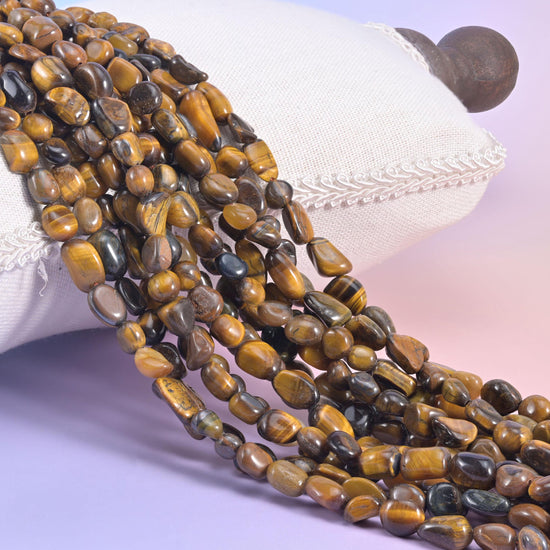 Tiger Eye Pebble Nugget Beads, glossy tumbled pebbles banded in honey gold and dark chocolate brown