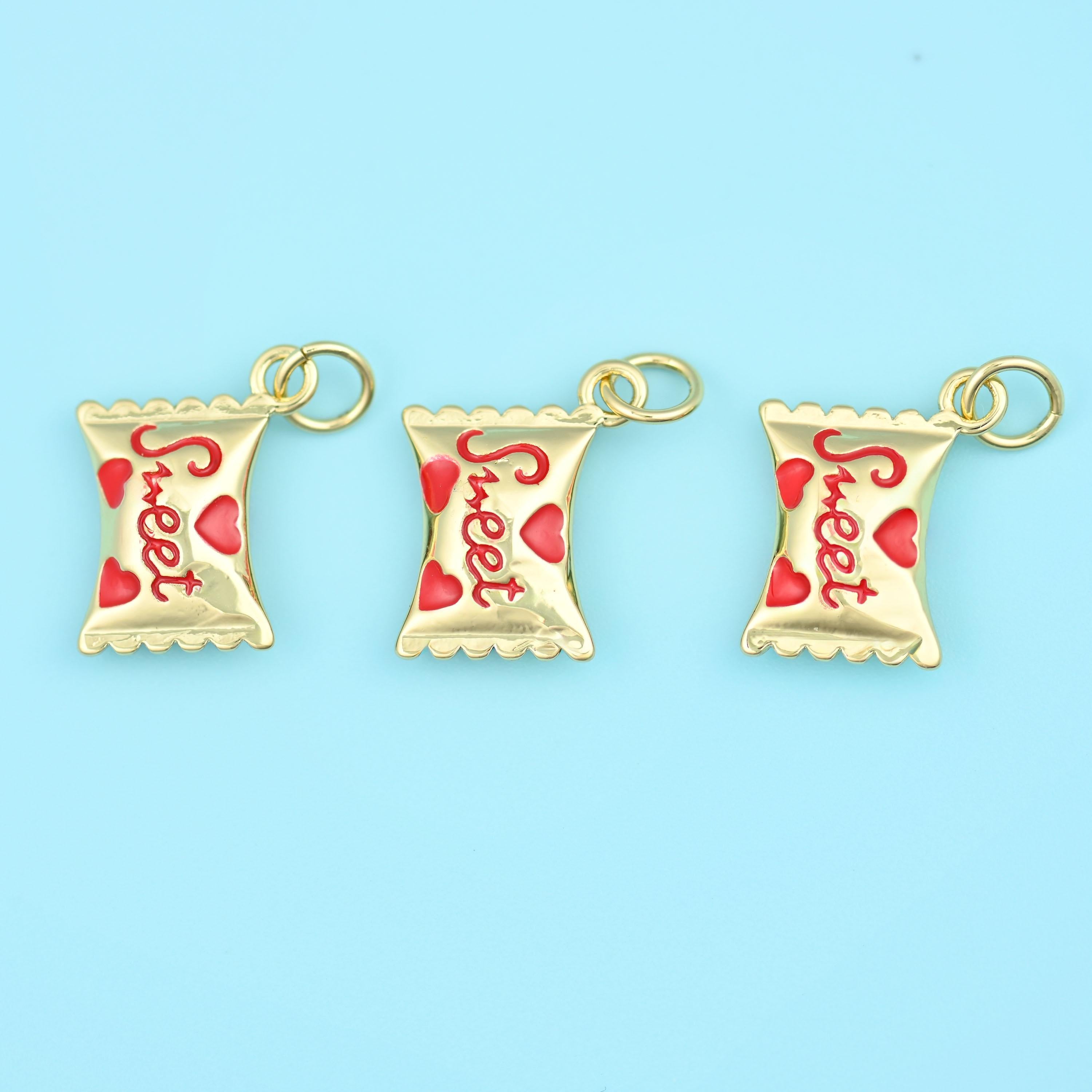 Enamel Sweet Candy Charm 18K Gold Filled 16x12mm in polished gold with red and blue enamel hearts