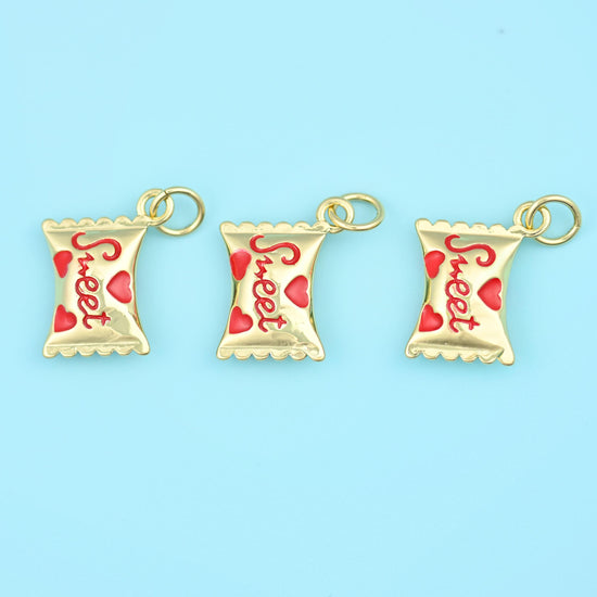 Enamel Sweet Candy Charm 18K Gold Filled 16x12mm in polished gold with red and blue enamel hearts