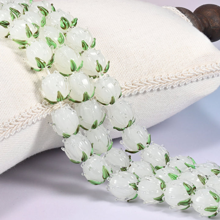 White tulip bud-shaped lampwork glass beads