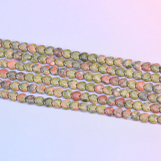 Green Unakite Heart Beads in mossy olive green with salmon-pink and dark grey flecks