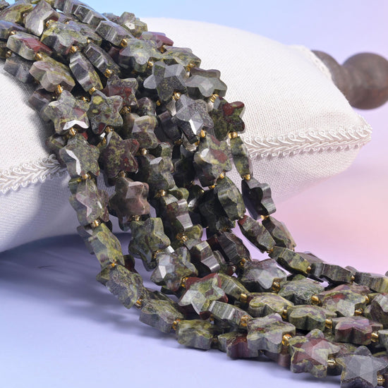 Dragon Bloodstone Faceted Star Beads, natural stone in mossy green and rust red