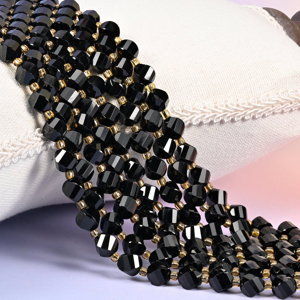 Jet Black Onyx Faceted Spiral Twist Beads 8mm 10mm