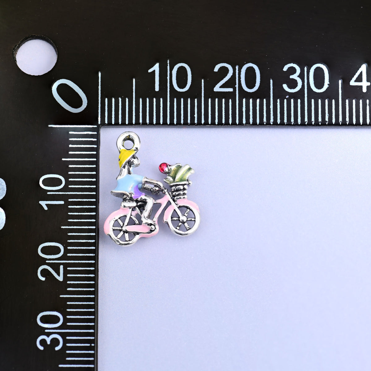 Bicycle charm measured at 16.42 x 13.79mm including the small ring.